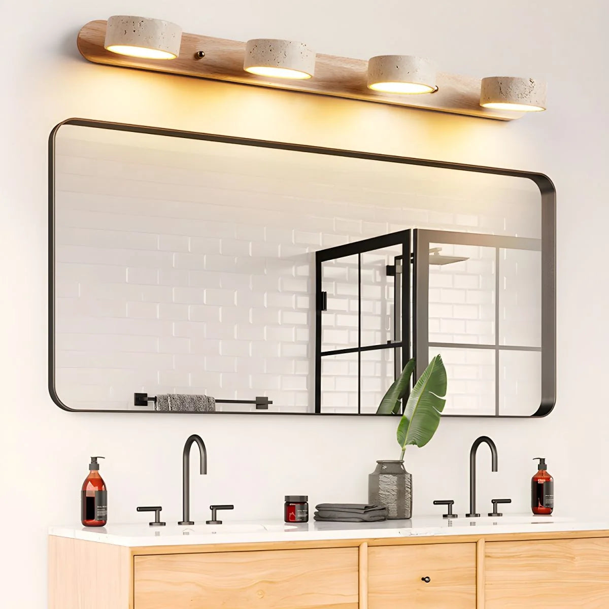 Wall Sconce Travertine Stone & Wood Integrated LED Panels