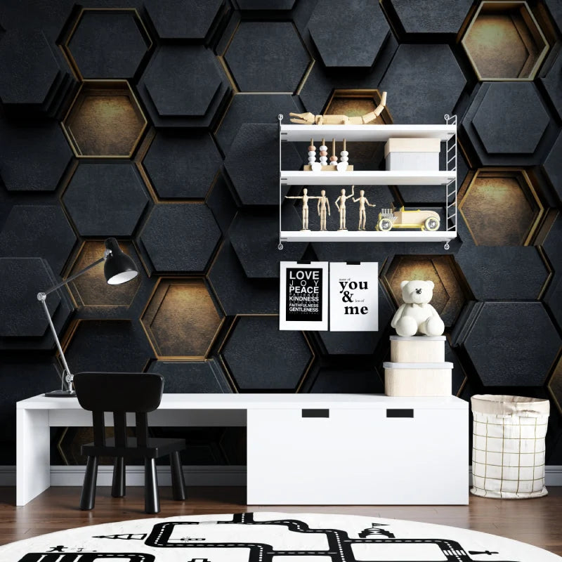 Wallpaper 3D Embossed Black & Gold Honeycomb Pattern