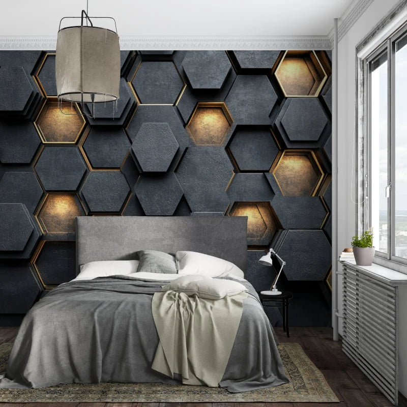 Wallpaper 3D Embossed Black & Gold Honeycomb Pattern