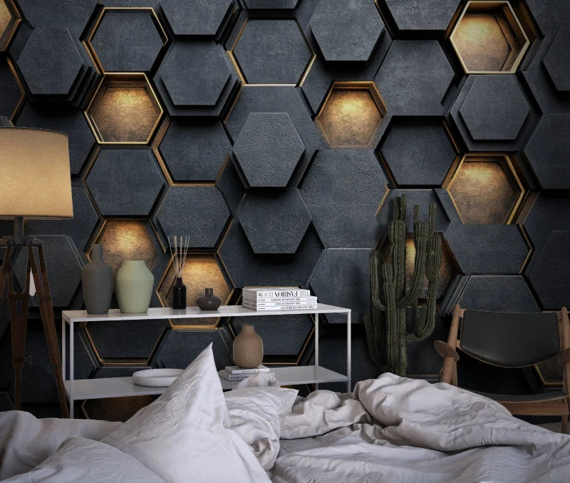 Wallpaper 3D Embossed Black & Gold Honeycomb Pattern