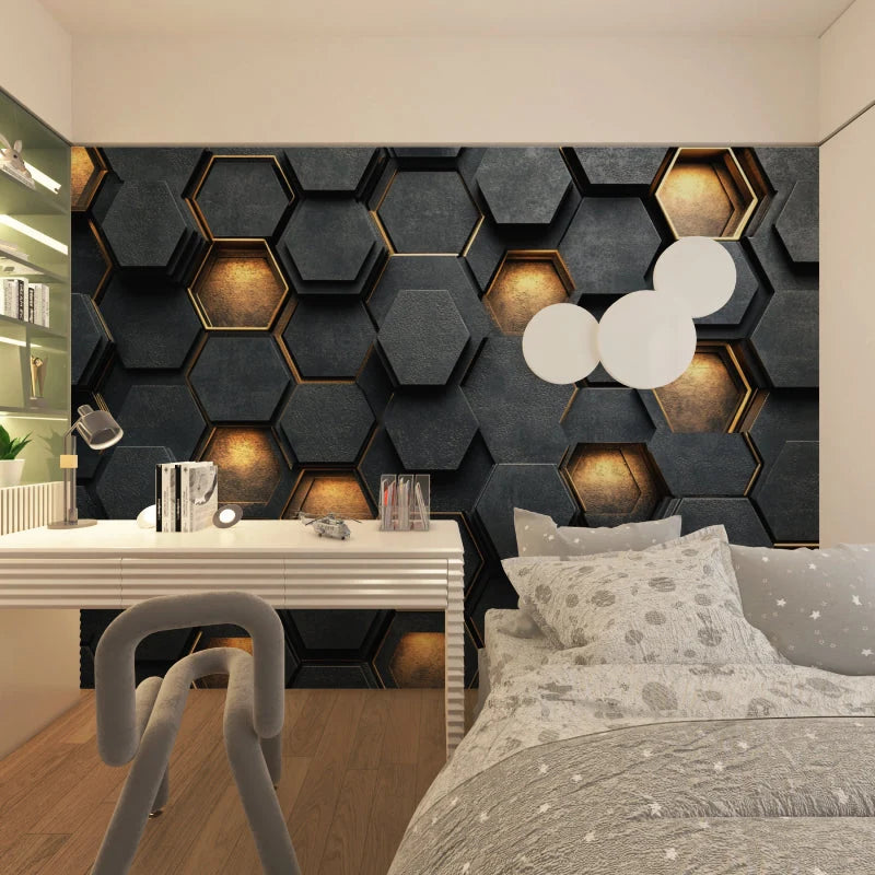 Wallpaper 3D Embossed Black & Gold Honeycomb Pattern