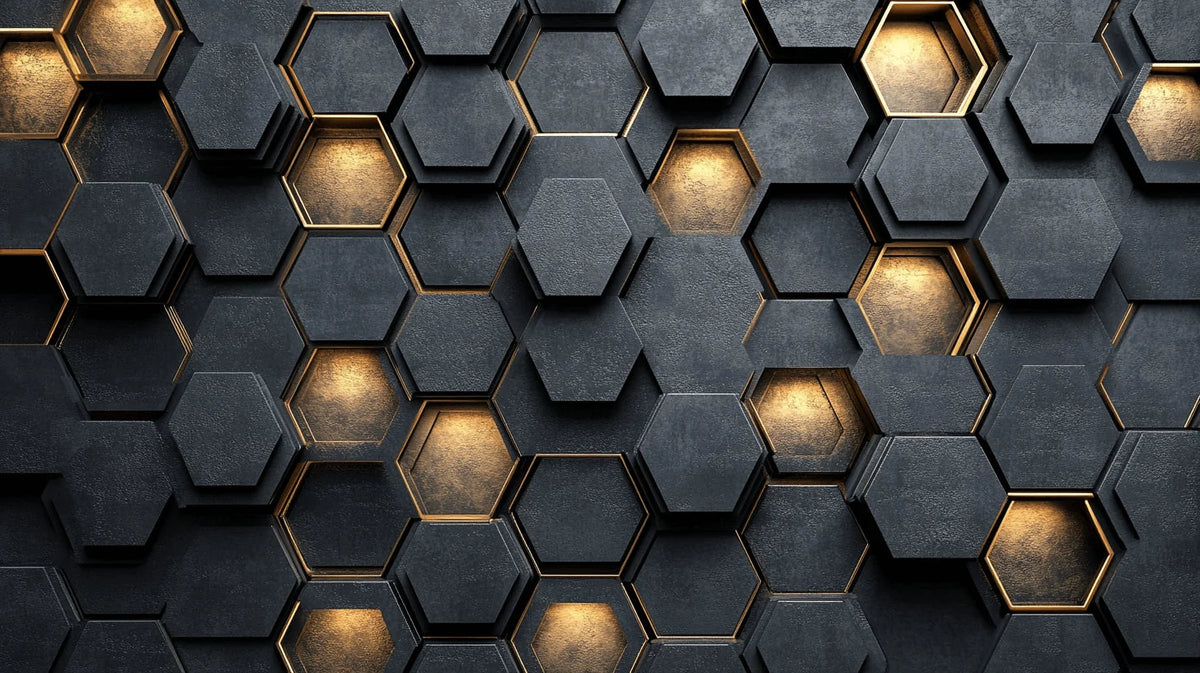 Wallpaper 3D Embossed Black & Gold Honeycomb Pattern