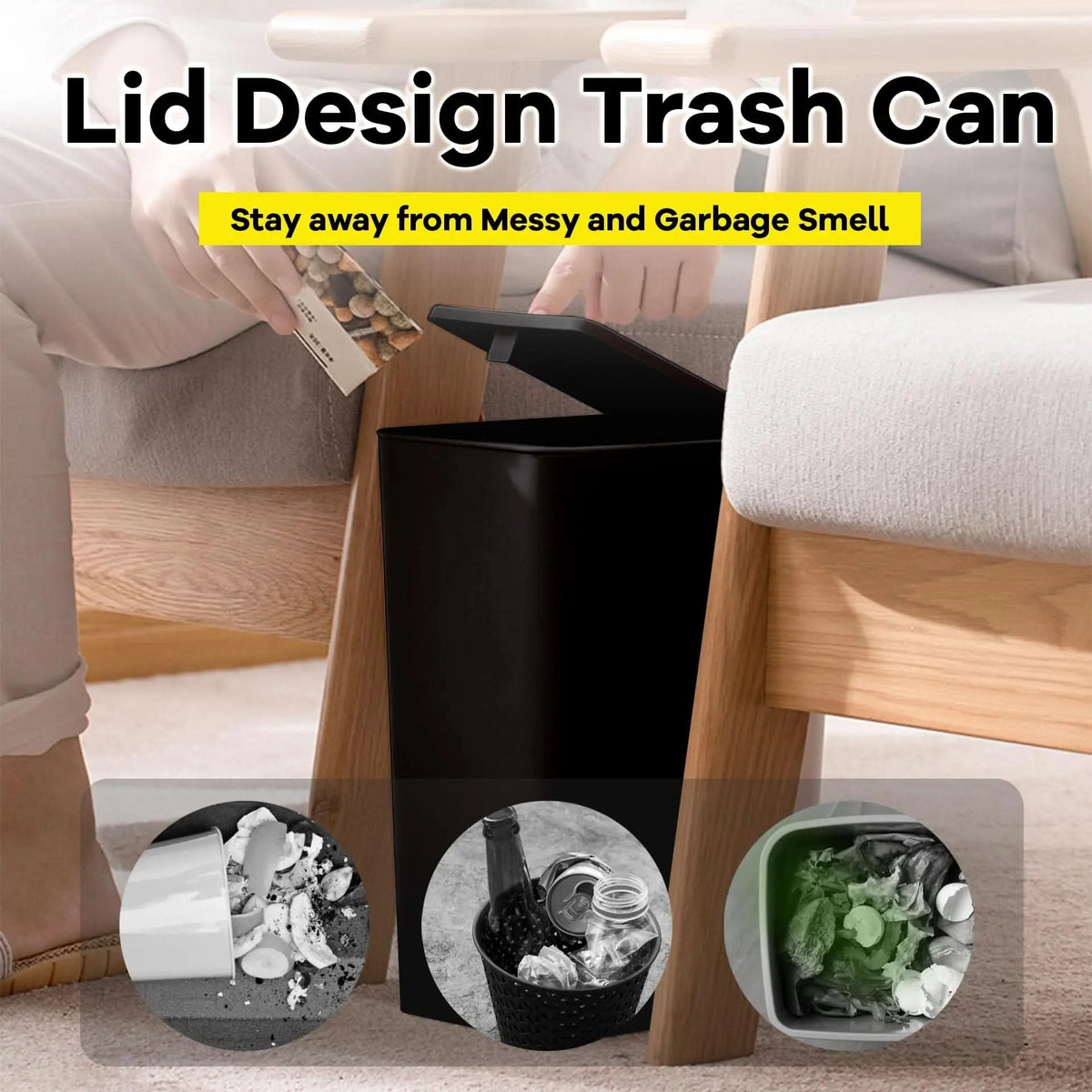 Waste Bin Slim Space-Saving Push-Button Lid Odor Control 2.6 Gallon
