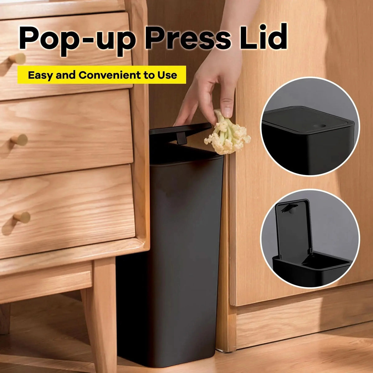 Waste Bin Slim Space-Saving Push-Button Lid Odor Control 2.6 Gallon