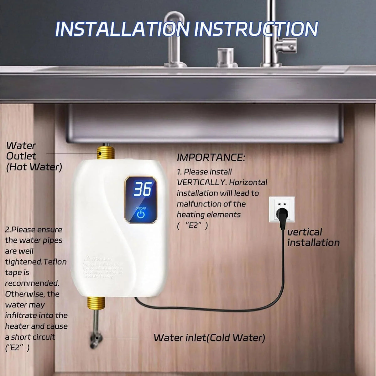 Water Heater Tankless Digital Display Compact Under-Sink Design