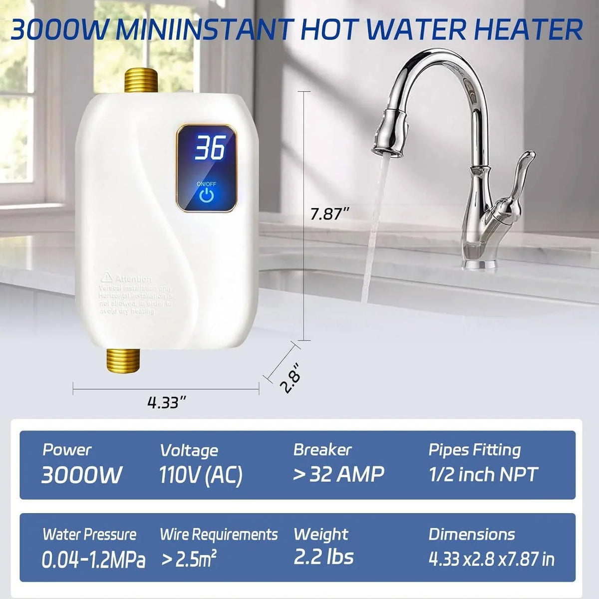 Water Heater Tankless Digital Display Compact Under-Sink Design