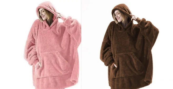 Wearable Blanket Hoodie Oversized Plush Fleece Kangaroo Pocket