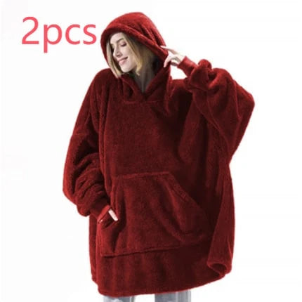 Wearable Blanket Hoodie Oversized Plush Fleece Kangaroo Pocket