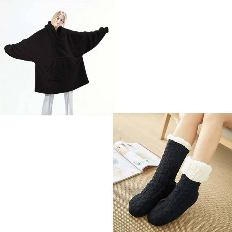 Wearable Blanket Hoodie Oversized Plush Fleece Kangaroo Pocket