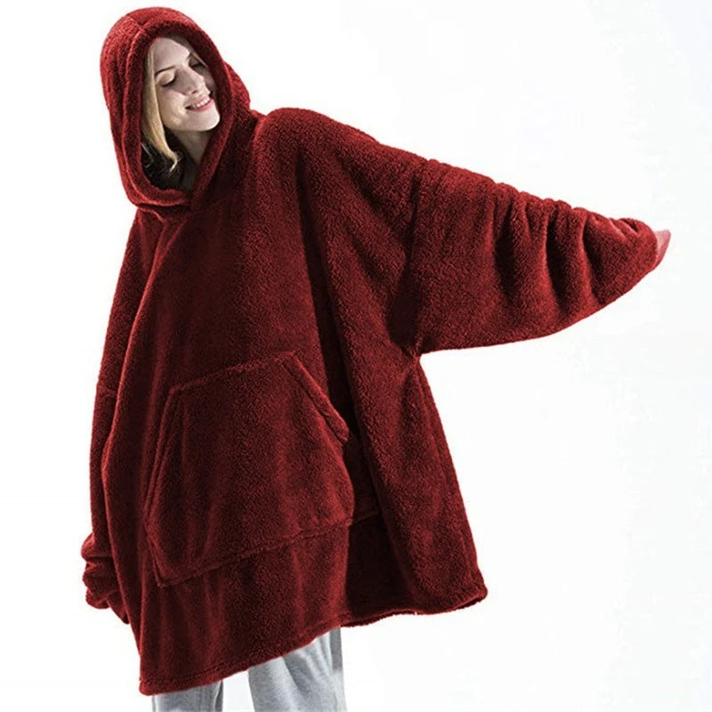 Wearable Blanket Hoodie Oversized Plush Fleece Kangaroo Pocket