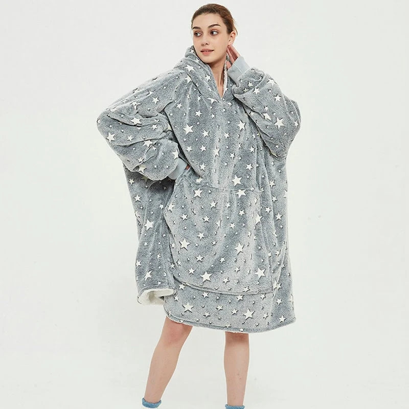 Wearable Blanket Hoodie Oversized Sherpa-Lined Fleece Pullover With Kangaroo Pocket