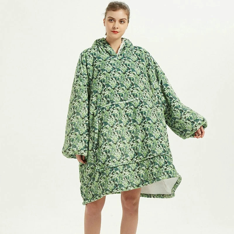Wearable Blanket Hoodie Oversized Sherpa-Lined Fleece Pullover With Kangaroo Pocket