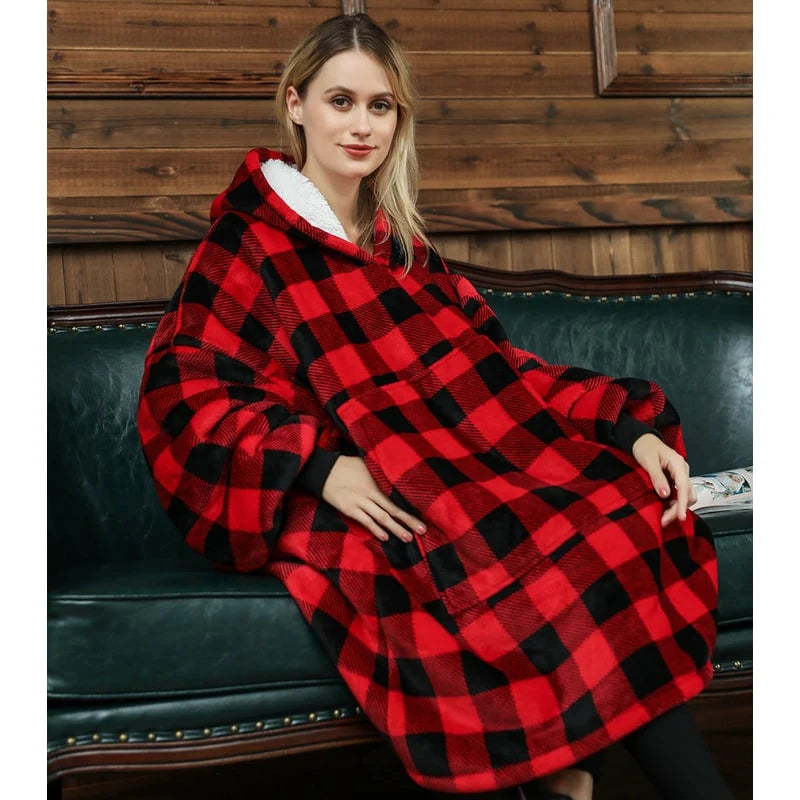 Wearable Blanket Hoodie Oversized Sherpa-Lined Fleece Pullover With Kangaroo Pocket