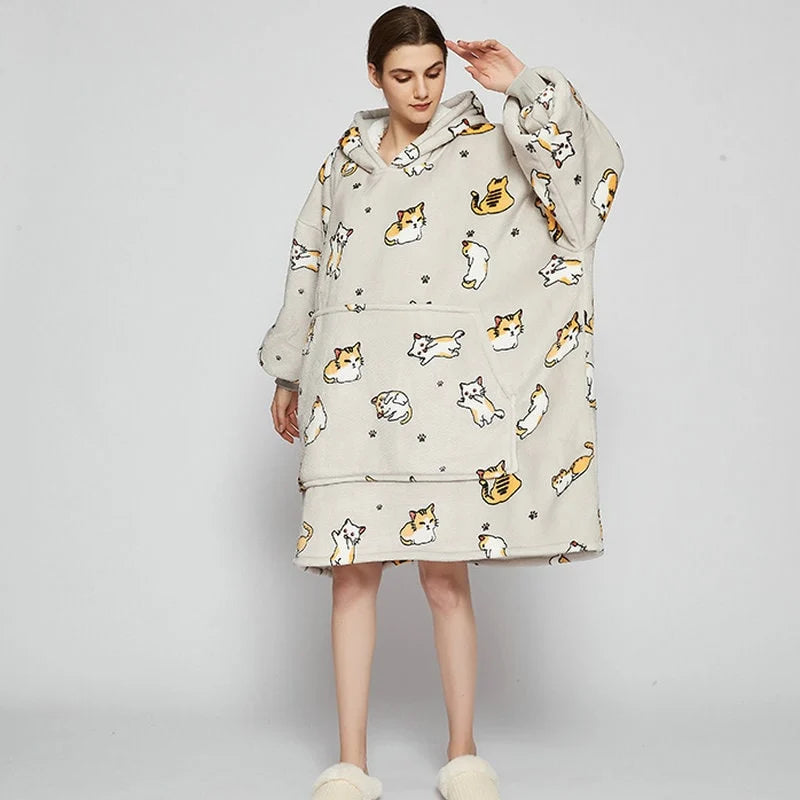 Wearable Blanket Hoodie Oversized Sherpa-Lined Fleece Pullover With Kangaroo Pocket