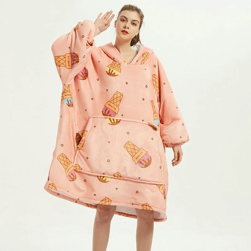 Wearable Blanket Hoodie Oversized Sherpa-Lined Fleece Pullover With Kangaroo Pocket