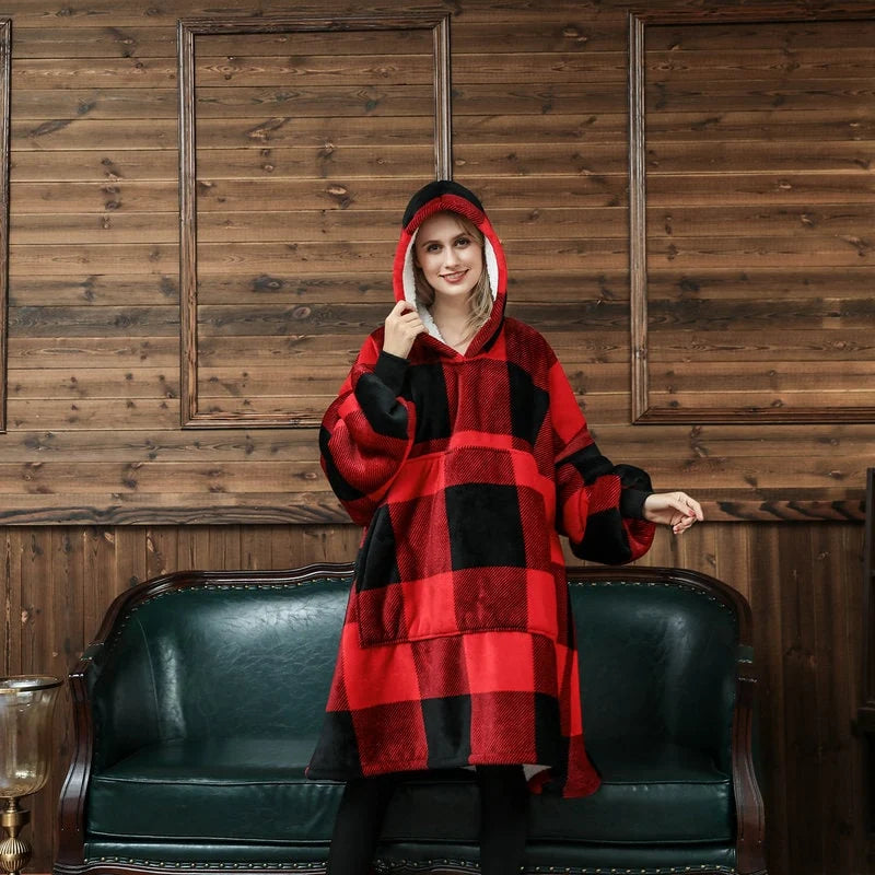 Wearable Blanket Hoodie Oversized Sherpa-Lined Fleece Pullover With Kangaroo Pocket