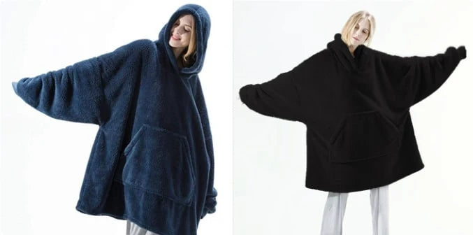 Wearable Blanket Hoodie Oversized Velvet Polyester Kangaroo Pocket