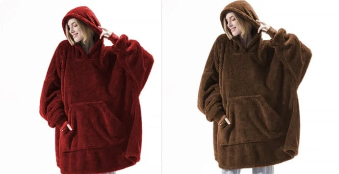 Wearable Blanket Hoodie Oversized Velvet Polyester Kangaroo Pocket