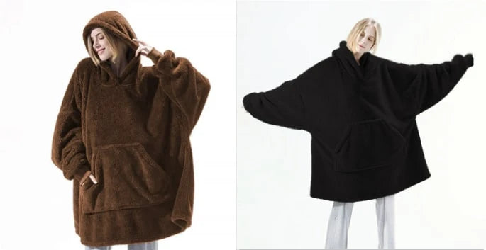 Wearable Blanket Hoodie Oversized Velvet Polyester Kangaroo Pocket