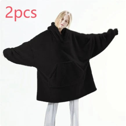 Wearable Blanket Hoodie Oversized Velvet Polyester Kangaroo Pocket