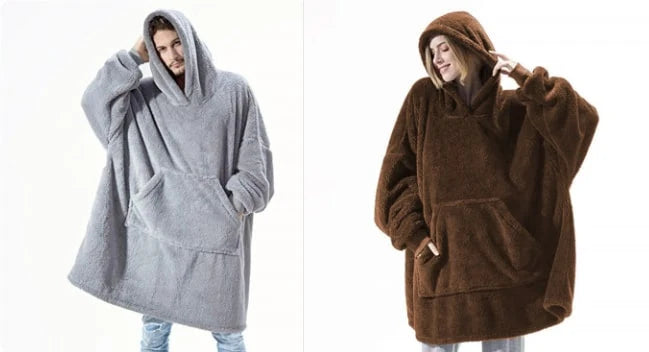 Wearable Blanket Hoodie Oversized Velvet Polyester Kangaroo Pocket