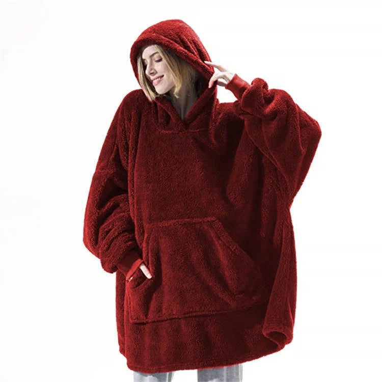 Wearable Blanket Hoodie Oversized Velvet Polyester Kangaroo Pocket