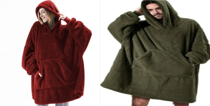 Wearable Blanket Hoodie Oversized Velvet Polyester Kangaroo Pocket