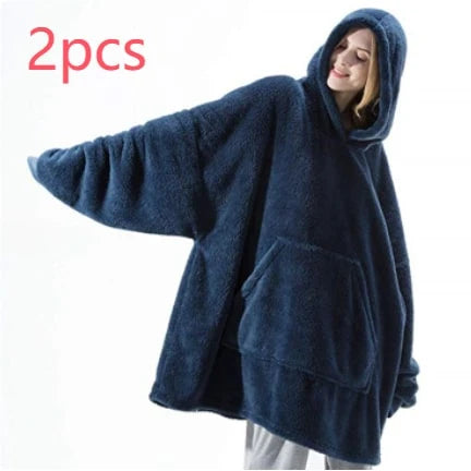 Wearable Blanket Hoodie Oversized Velvet Polyester Kangaroo Pocket
