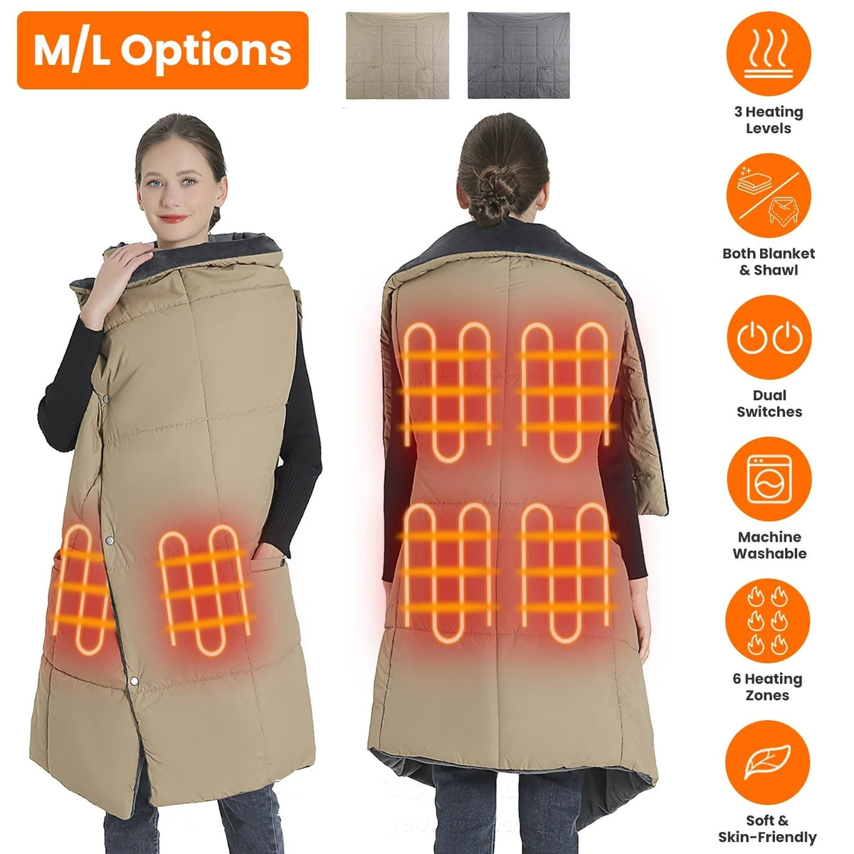 Wearable Heated Blanket Six Heating Zones Zippered Armholes