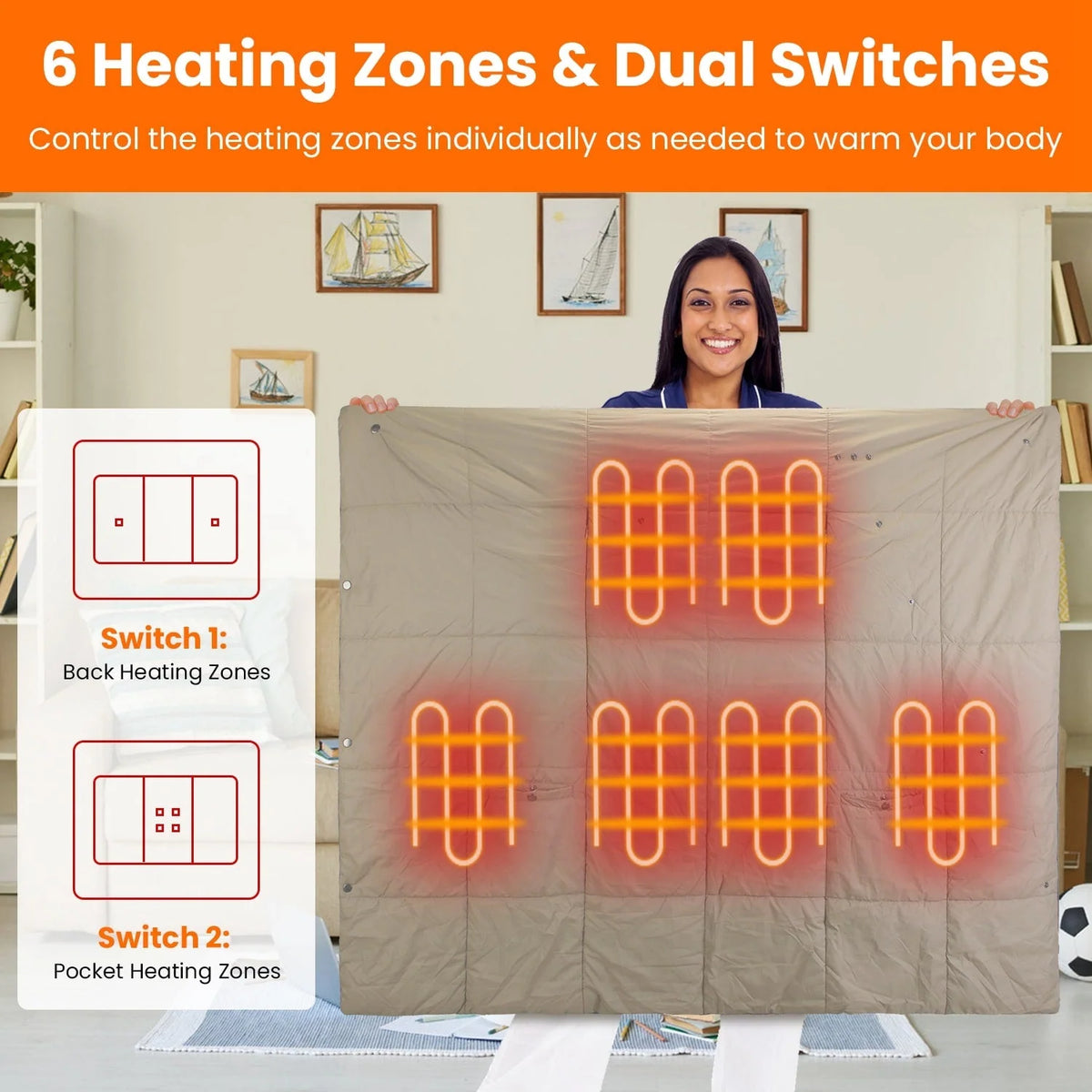 Wearable Heated Blanket Six Heating Zones Zippered Armholes
