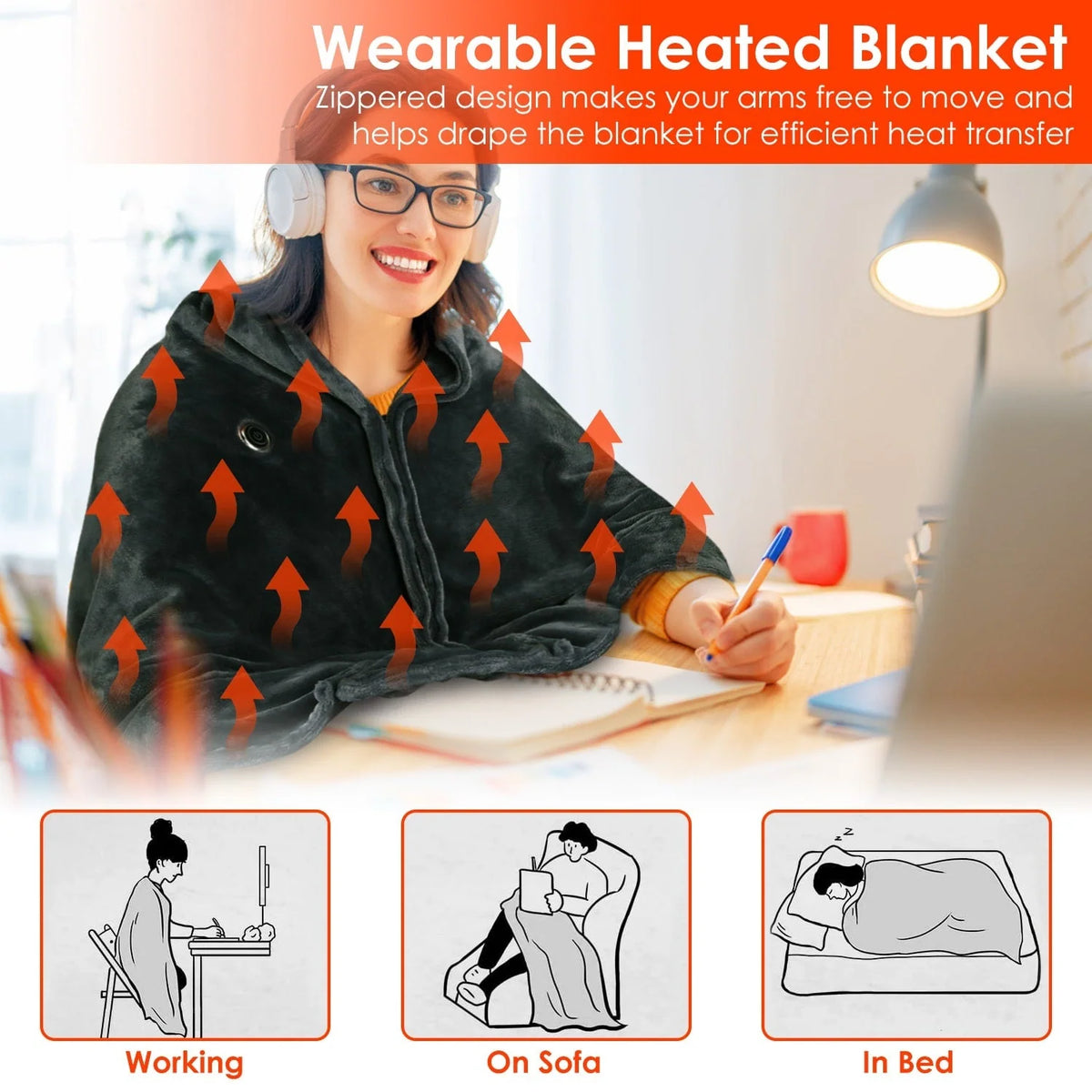 Wearable Heated Blanket USB-Powered Fleece Zipper Closure