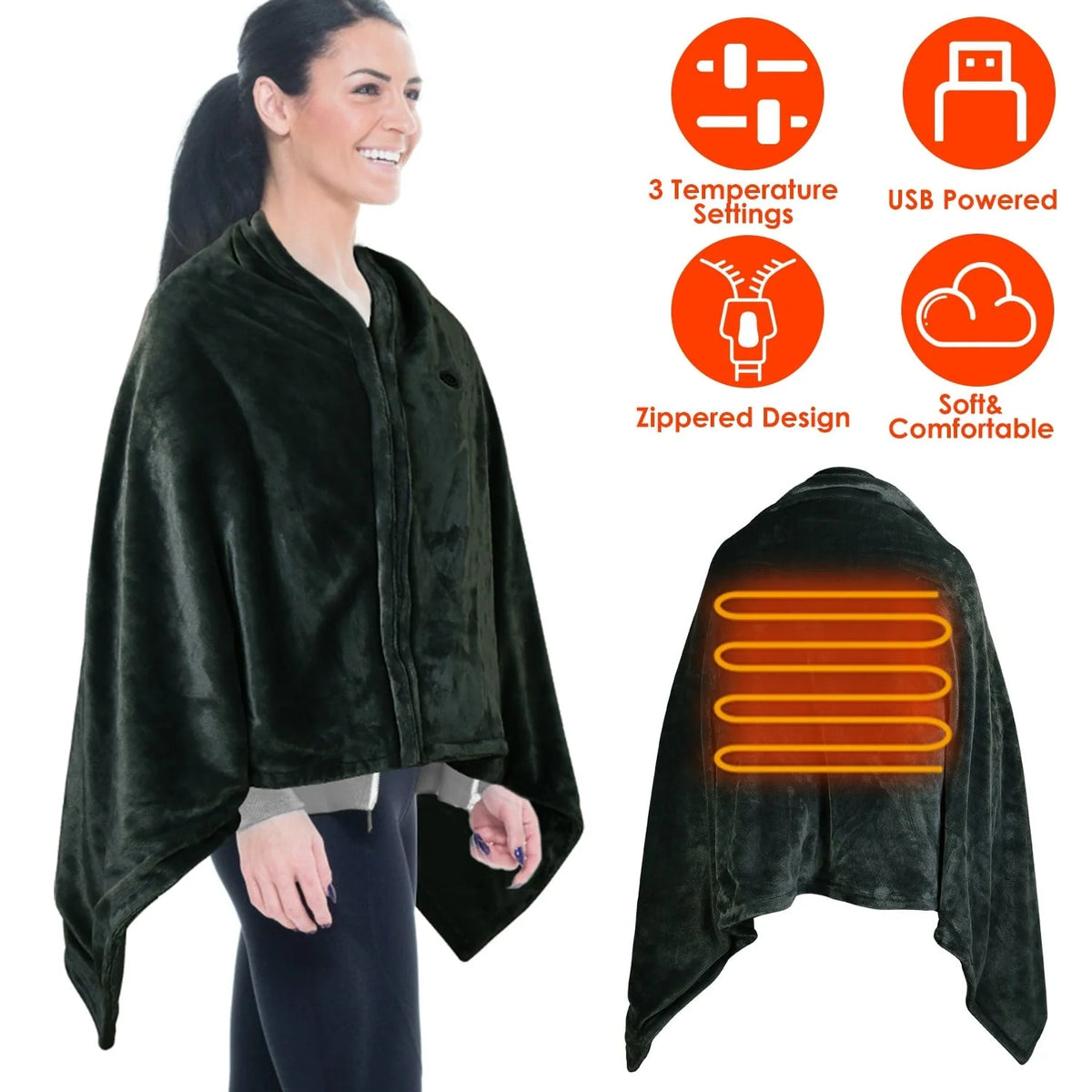 Wearable Heated Blanket USB-Powered Fleece Zipper Closure