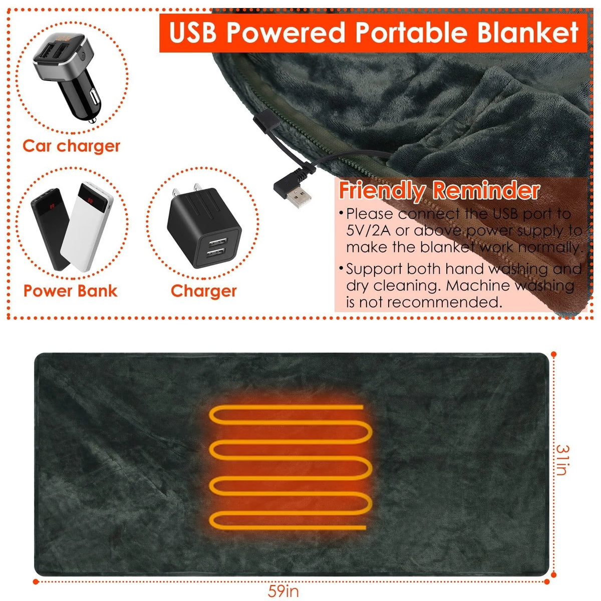Wearable Heated Blanket USB-Powered Fleece Zipper Closure