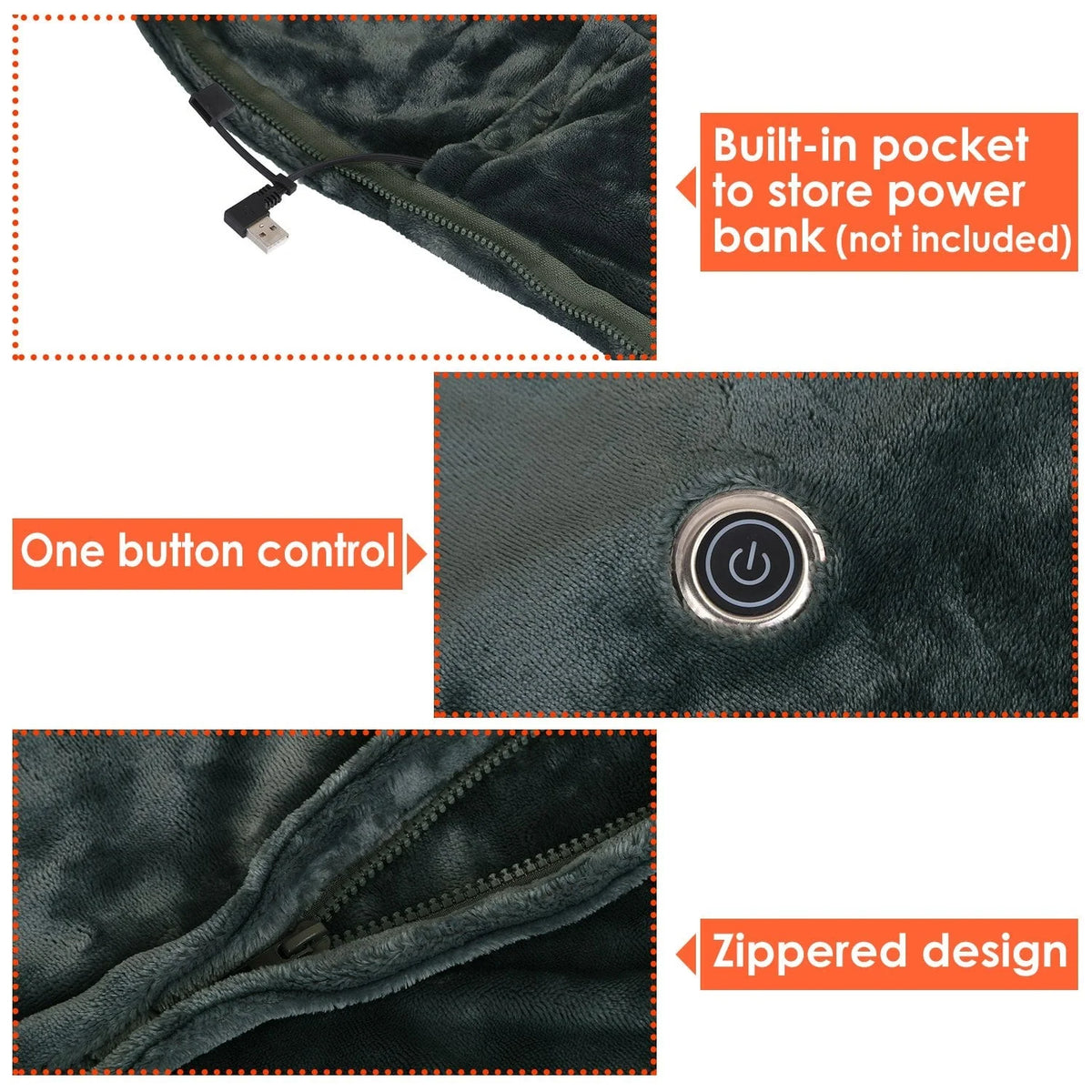 Wearable Heated Blanket USB-Powered Fleece Zipper Closure