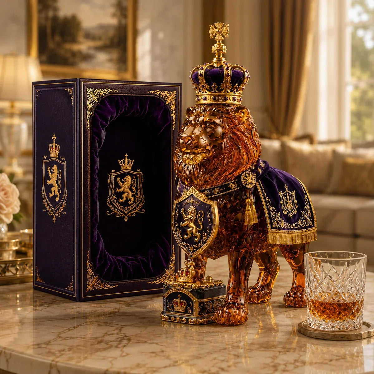 Whiskey Decanter Glass Sculpted Lion Design 11.8 fl oz