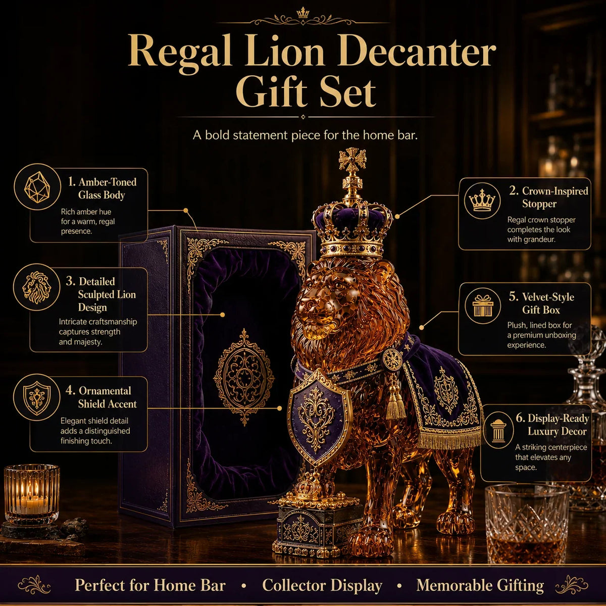 Whiskey Decanter Glass Sculpted Lion Design 11.8 fl oz