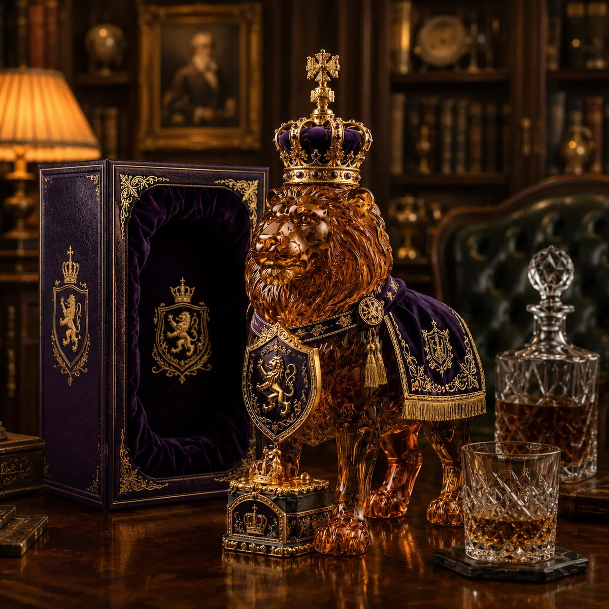 Whiskey Decanter Glass Sculpted Lion Design 11.8 fl oz
