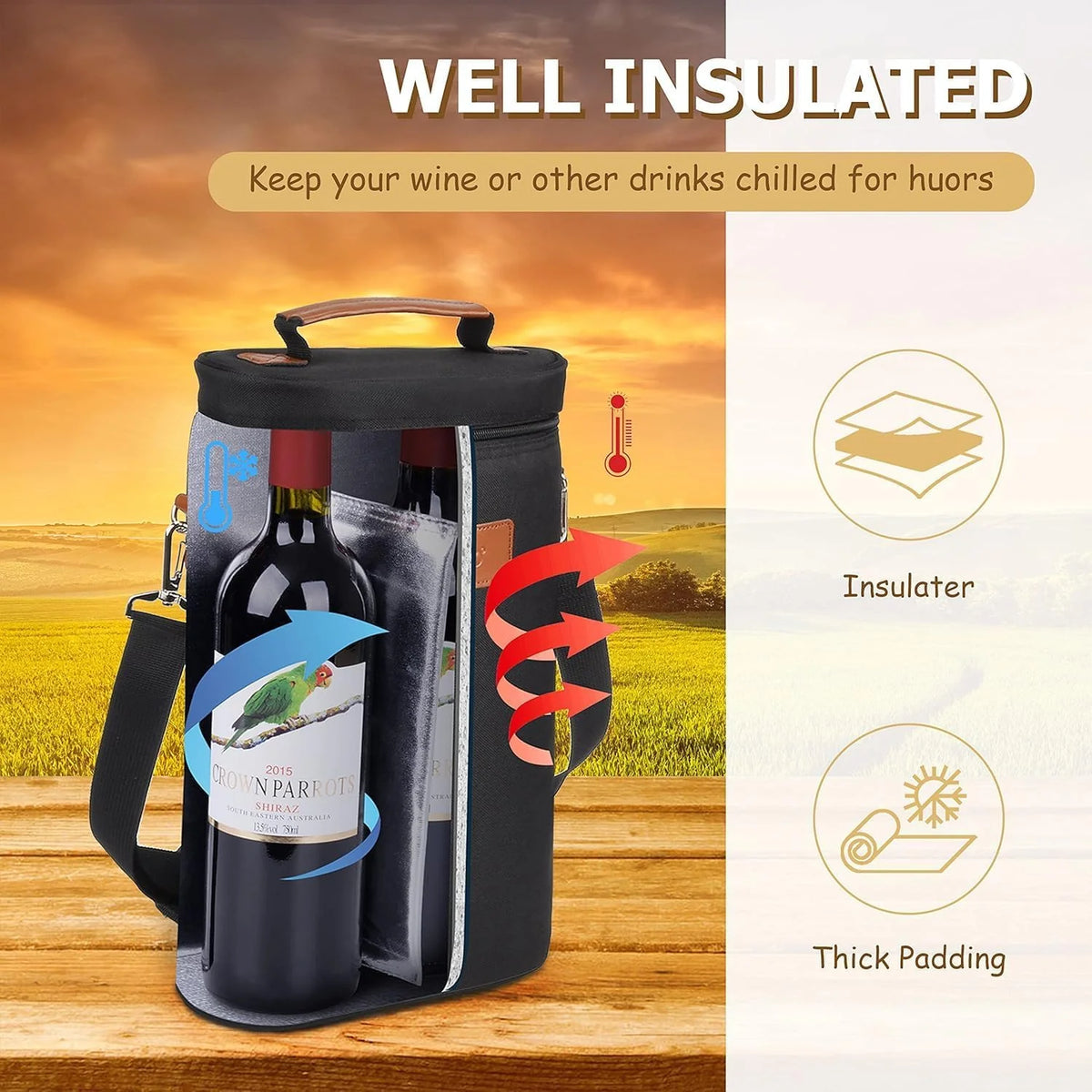 Wine Bottle Carrier Insulated Two-Bottle Padded Divider