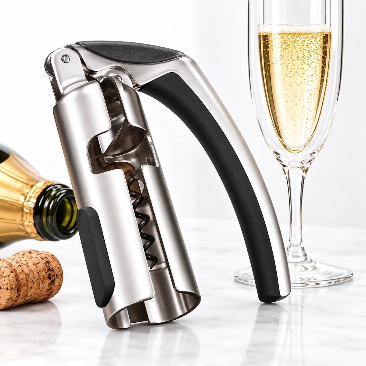 Wine Bottle Opener Lever-Action Stainless Steel With Foil Cutter