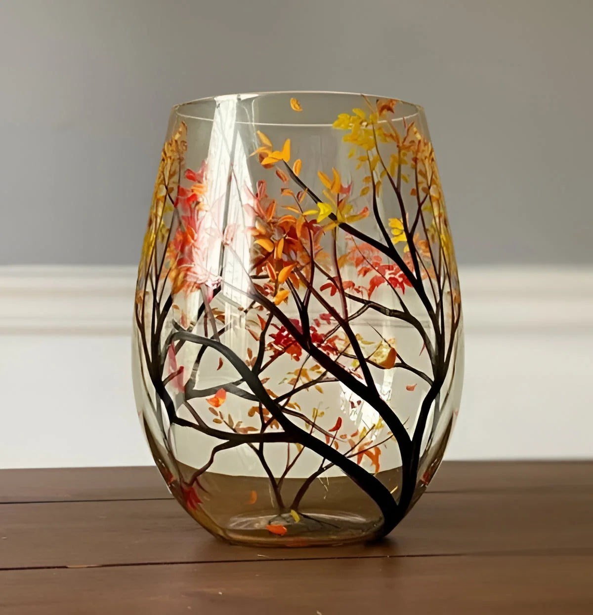 Wine Glass Hand-Painted Seasonal Tree Dishwasher-Safe 12 Ounce