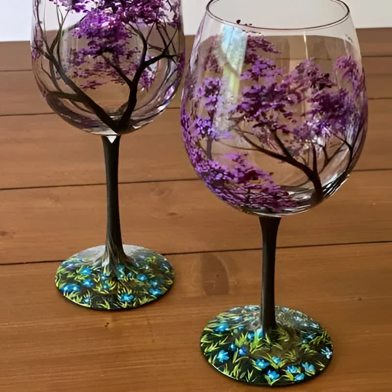 Wine Glass Hand-Painted Seasonal Tree Dishwasher-Safe 12 Ounce