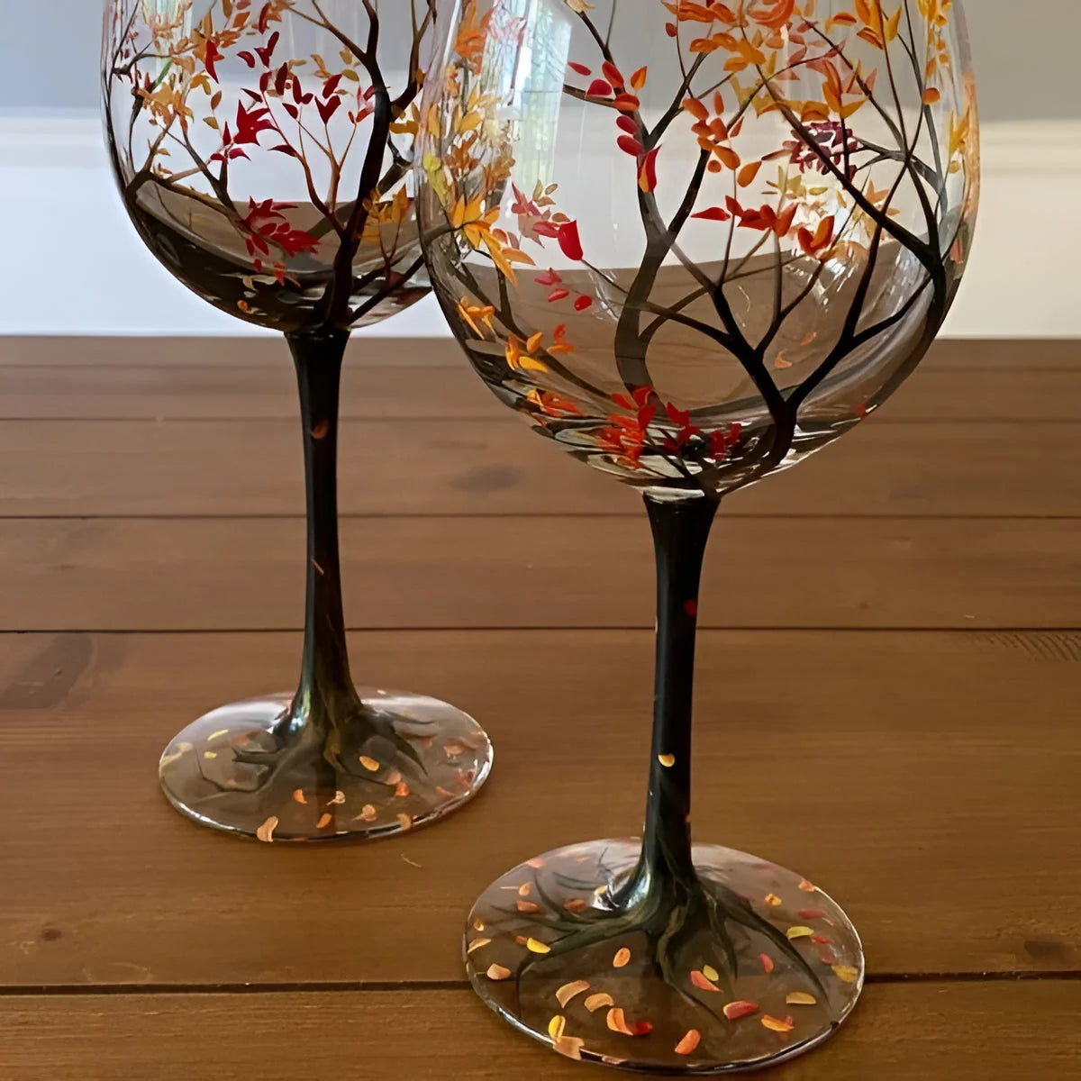 Wine Glass Hand-Painted Seasonal Tree Dishwasher-Safe 12 Ounce