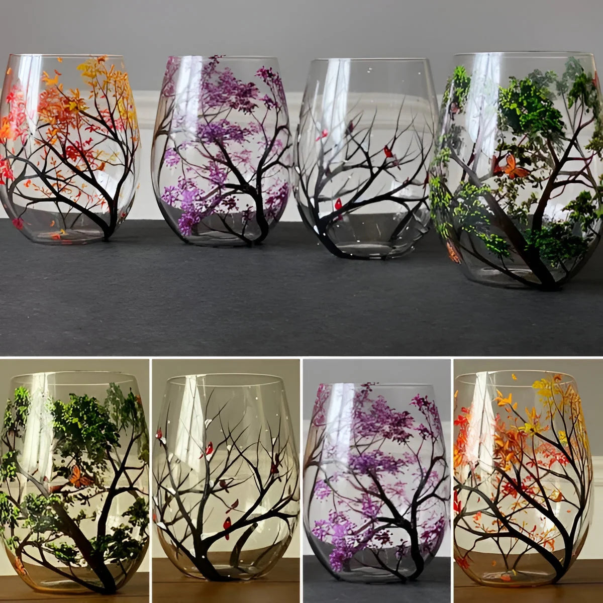 Wine Glass Hand-Painted Seasonal Tree Dishwasher-Safe 12 Ounce