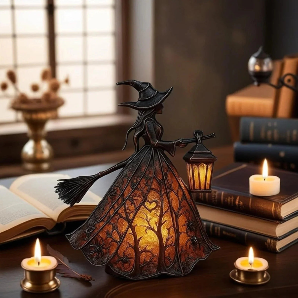 Witch Figurine Textured Resin Warm LED Lantern Light