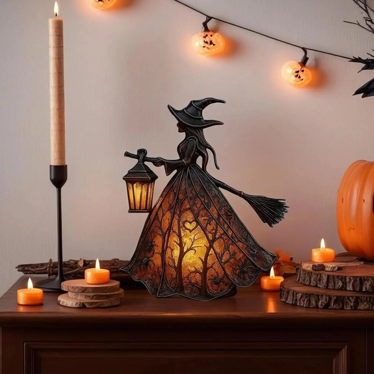 Witch Figurine Textured Resin Warm LED Lantern Light