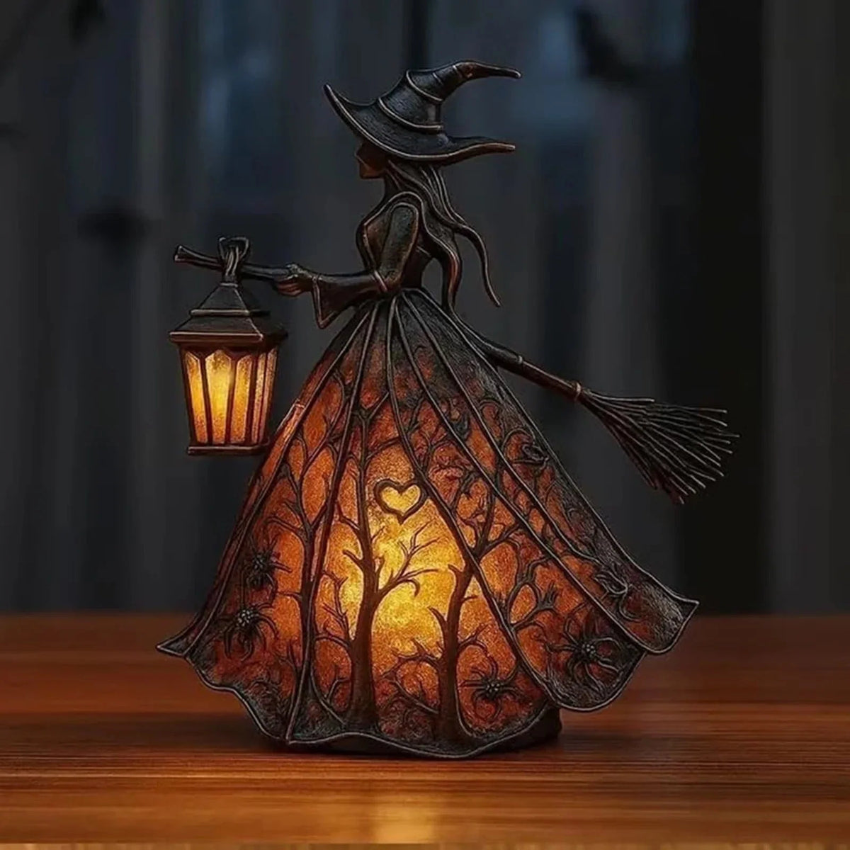 Witch Figurine Textured Resin Warm LED Lantern Light