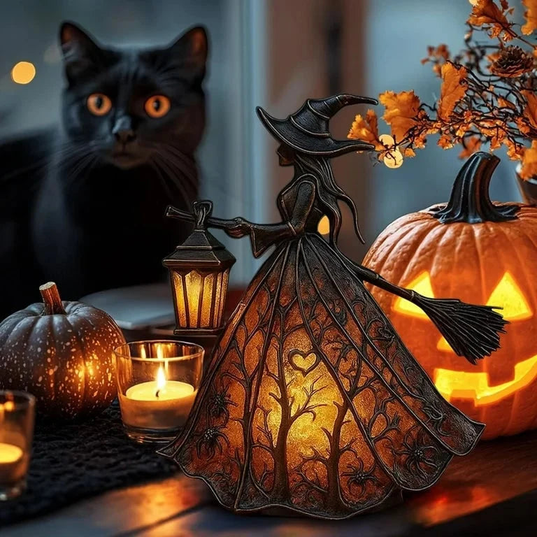 Witch Figurine Textured Resin Warm LED Lantern Light
