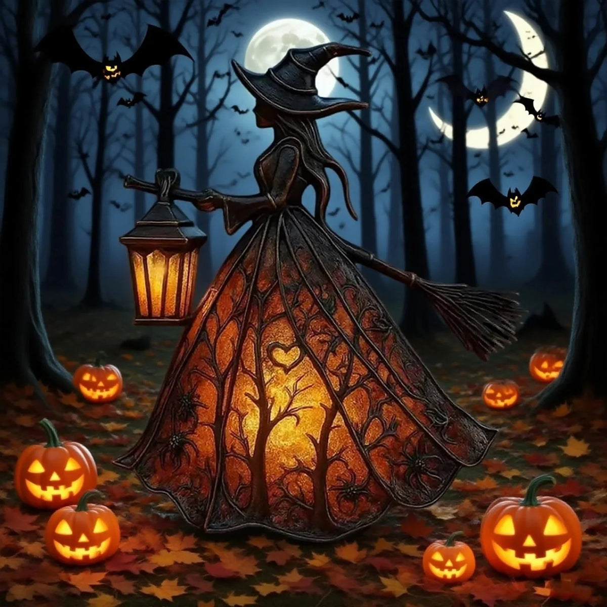 Witch Figurine Textured Resin Warm LED Lantern Light