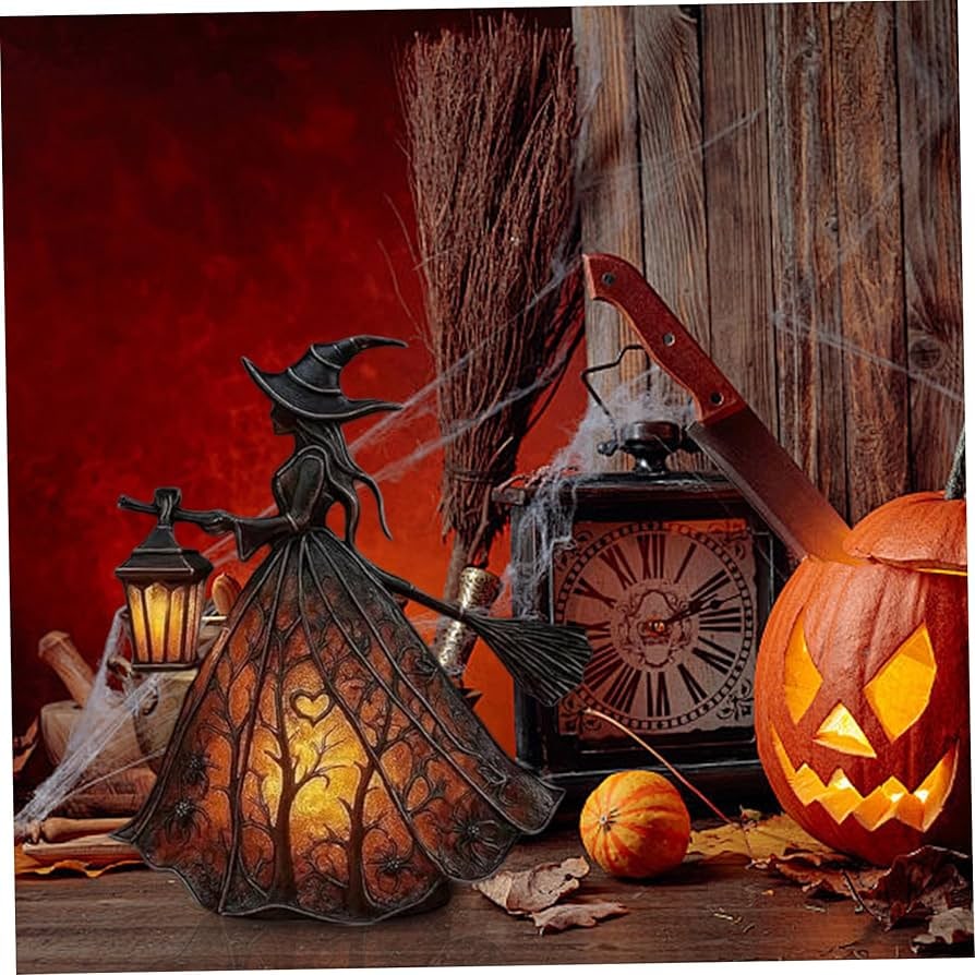 Witch Figurine Textured Resin Warm LED Lantern Light