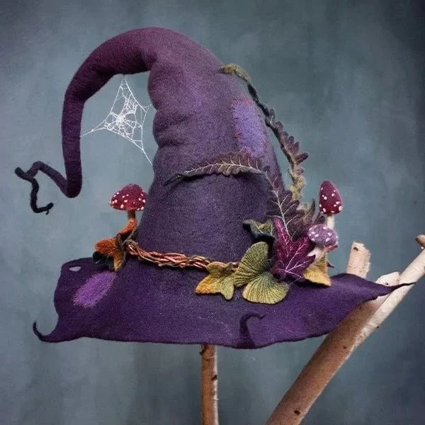 Witch Hat Hand-Felted Wool Chiffon Trim Adjustable Fit